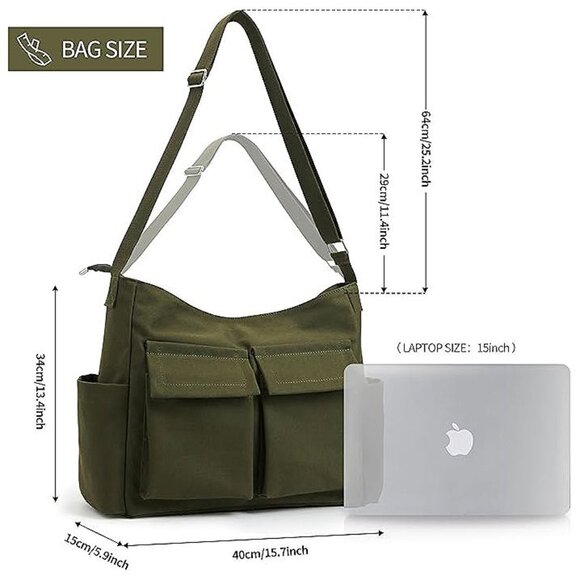 Canvas Tote Bag Messenger Bag, Large Crossbody Bag Army Green - Picture 4 of 9